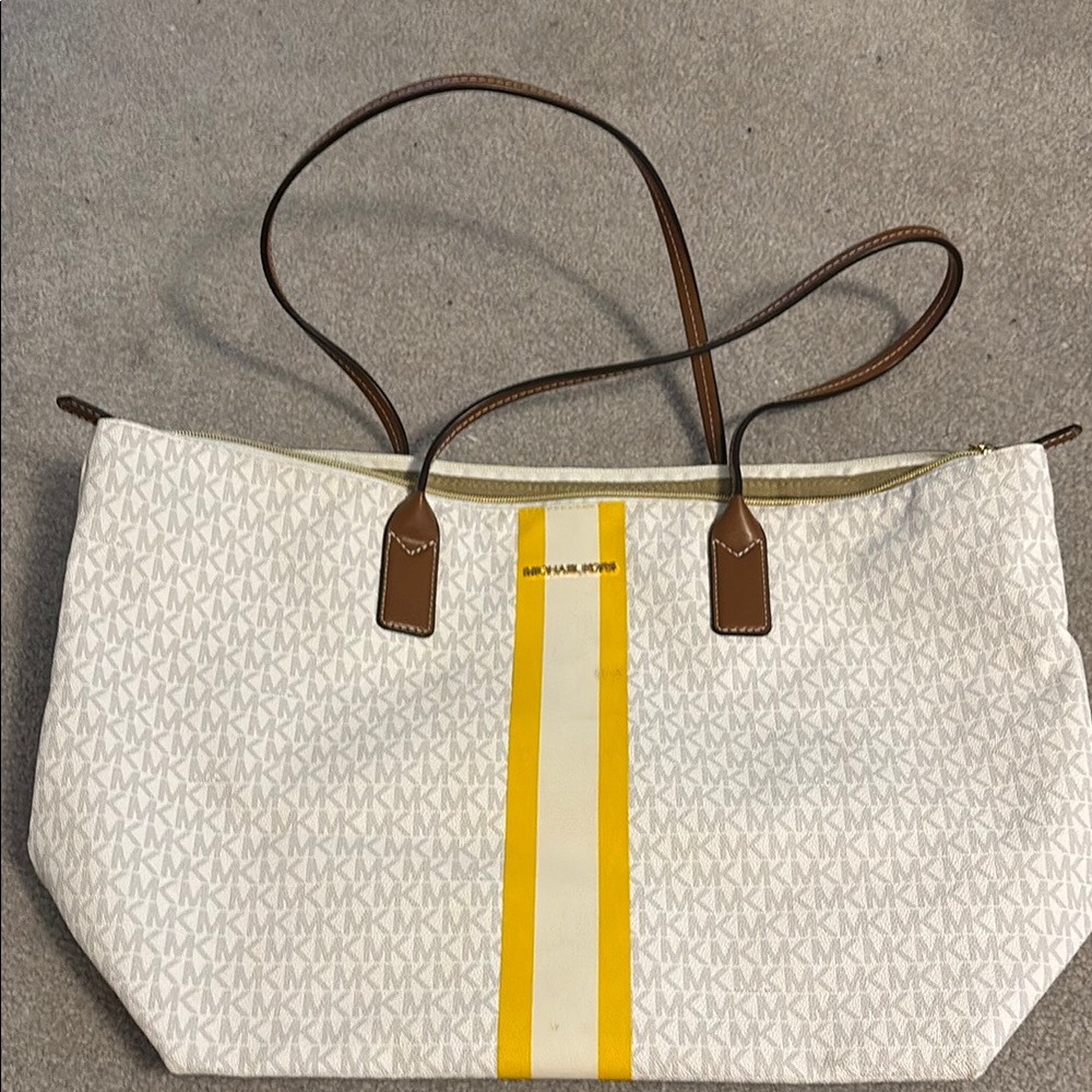 Stylish White and Yellow Tote Bag
